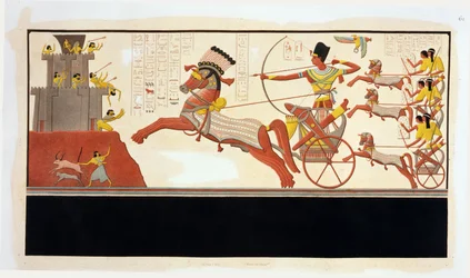 Ramses II. (1279-13 v. Chr.) in der Schlacht von Kadesch, gegenüber der Armee von Muwattali, König der Hethiter, Wandmalerei aus dem Tempel von Ramses II., Abu Simbel